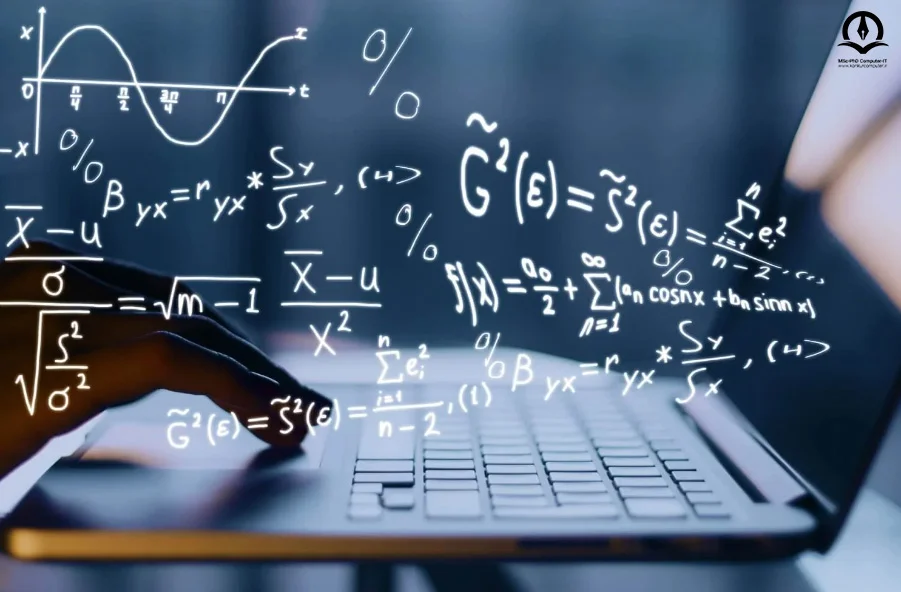 تصویری از لپ تاپ و فرمول های ریاضی