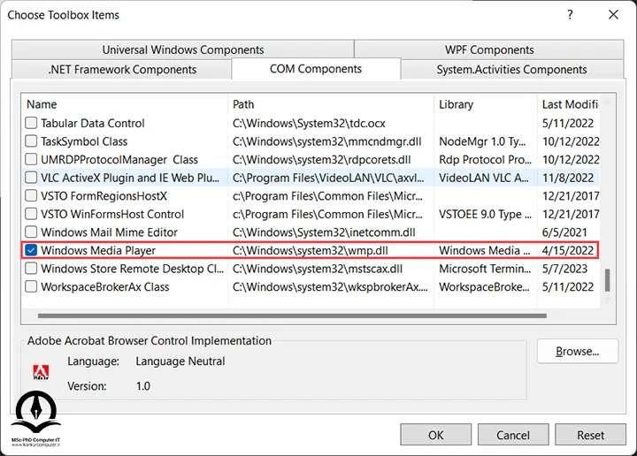 انتخاب گزینه Windows Media Player در پنجره Choose Toolbox Items