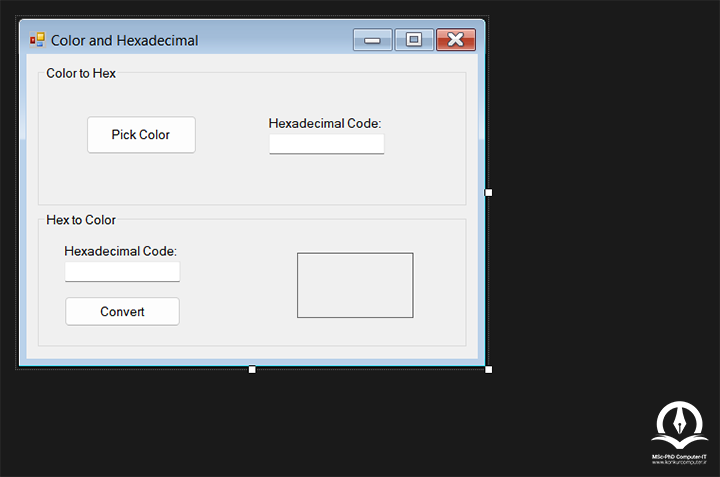 در این تصویر یک فرم برای تبدیل رنگ به کد هگزا دسیمال و برعکس نمایش داده شده است به زبان برنامه نویسی سی شارپ نوشته شده است.