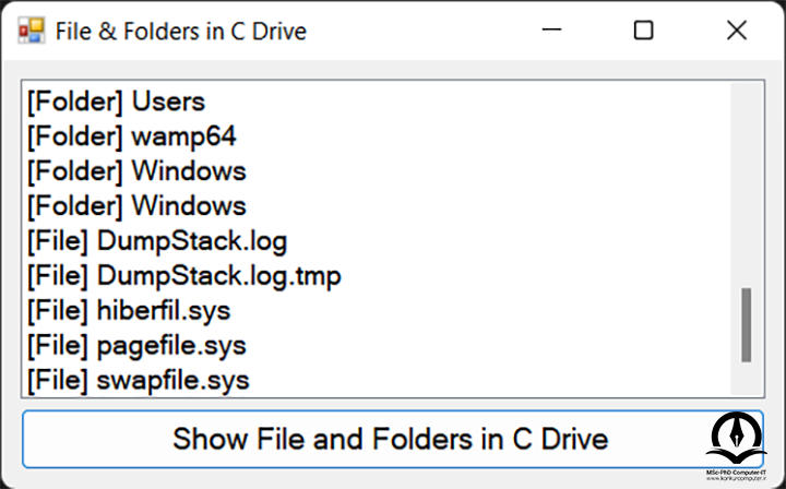 در این تصویر پس از اجرای کد پروژه نشان دادن فایل ها و فولدرها در درایو C، فایل ها و فولدرها را به شما نمایش می دهد.