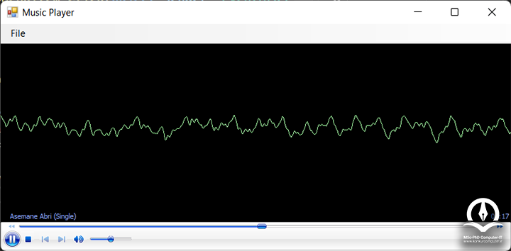 در این تصویر با موزیک پلیری که  به زبان سی شارپ نوشته شده است آهنگی پخش شده است و دکمه های کنترل موزیک نیز در پایین تصویر قابل مشاهده است