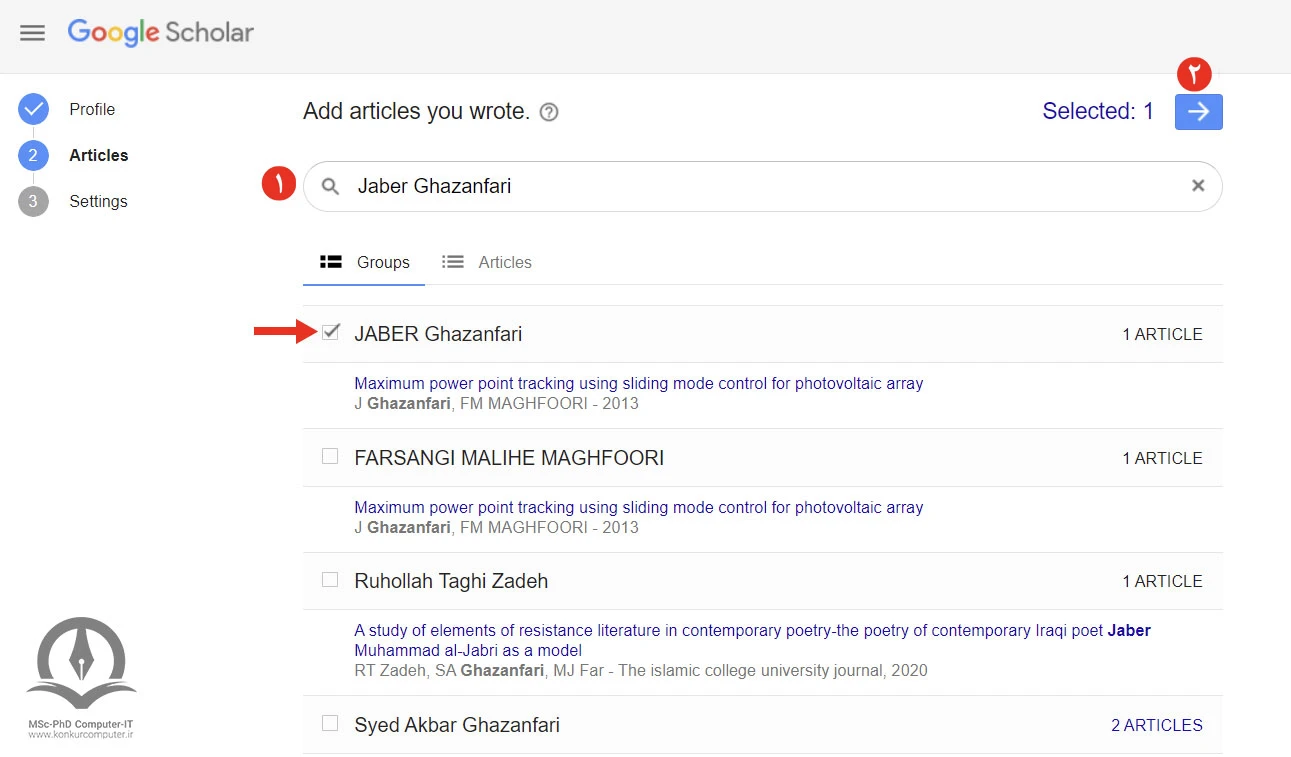 اضافه کردن مقاله ثبت شده خود به پروفایل گوگل اسکالر در این تصویر نشان داده شده است.