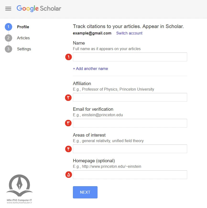 مرحله دوم ساخت پروفایل گوگل اسکالر در این تصویر نشان داده شده است.