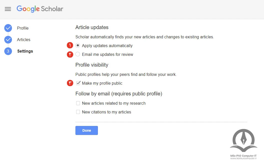 مرحله چهارم ساخت پروفایل در گوگل اسکالر در این تصویر نشان داده شده است.