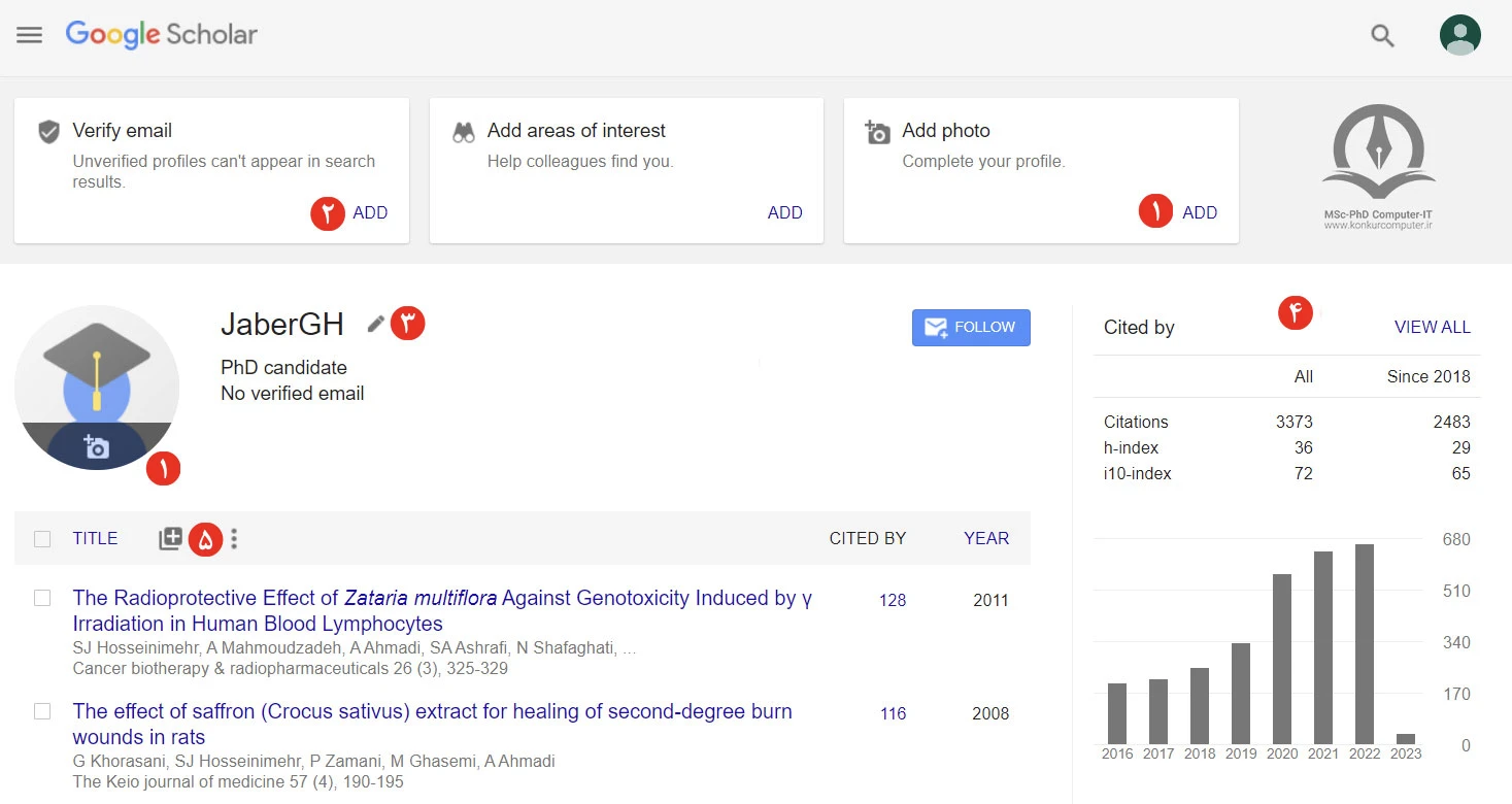 در این تصویر محیط پروفایل گوگل اسکالر نشان داده شده است.