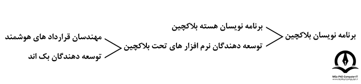 در این تصویر دسته بندی برنامه نویسان بلاکچین آورده شده است که طبق تصویر برنامه نویسان بلاک چین به دو دسته تقسیم می شوند