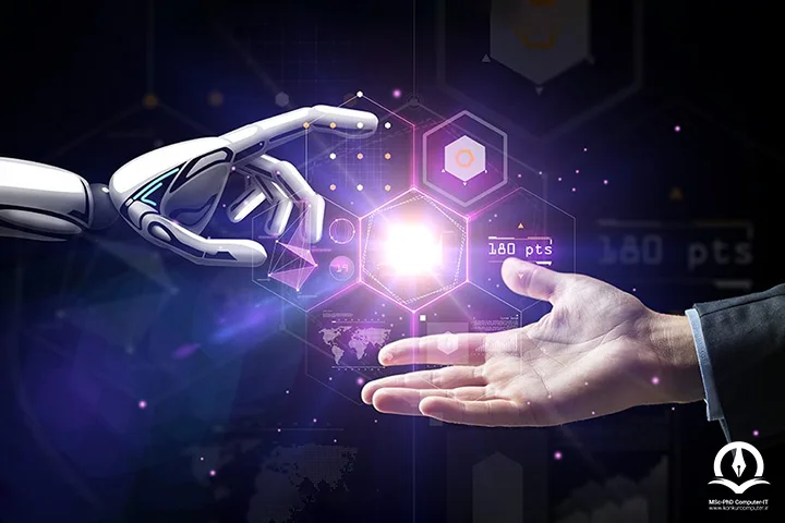 در این تصویر دست ربات و دست انسان در برابر یکدیگر قرار گرفته اند که گویای مفهوم تعامل بشر و رایانه است