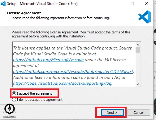 پذیرش قوانین برای نصب ویژوال استودیو کد