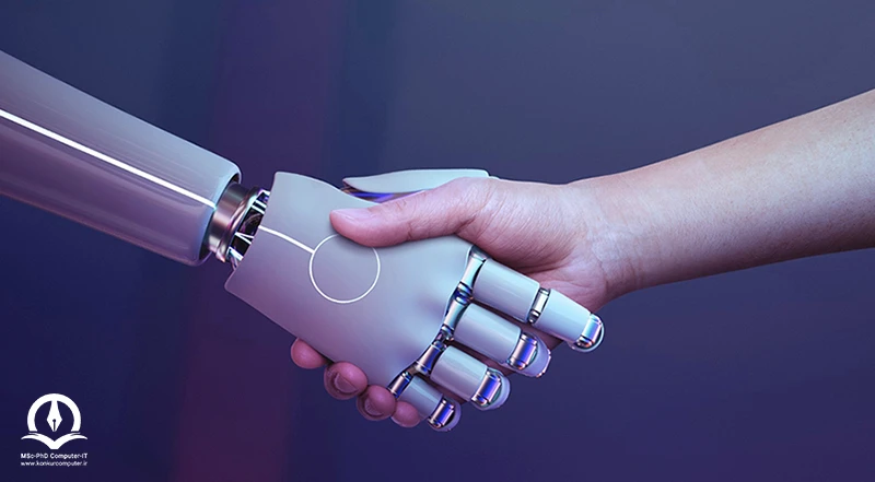 در این تصویر یک ربات با یک انسان دست داده است که این موضوع یعنی تکنولوژی همکاری زیادی به انسان می کند.