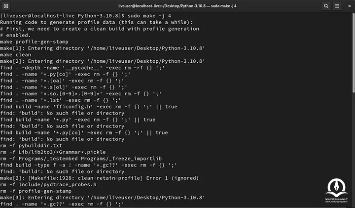 این تصویر نحوه کامپایل کردن سورس کد پایتون در لینوکس fedora را نمایش می دهد