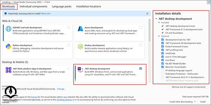 تب Workload در زمان نصب Visual Studio و نصب سی شارپ