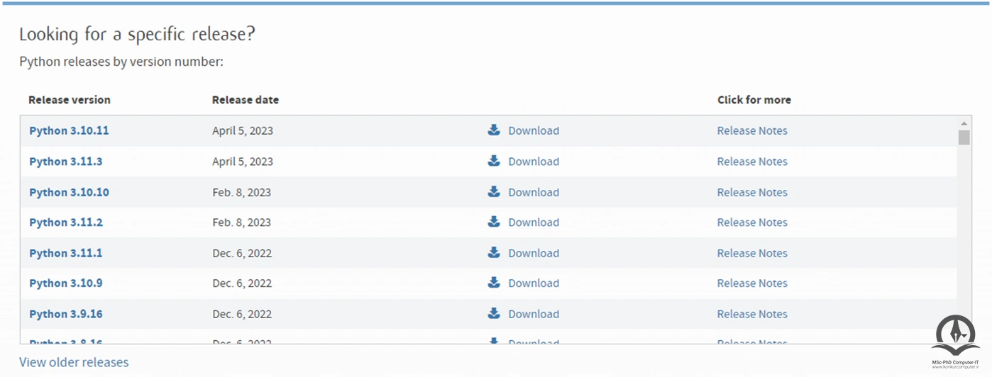 انتخاب نسخه مد نظر پایتون برای دانلود و نصب