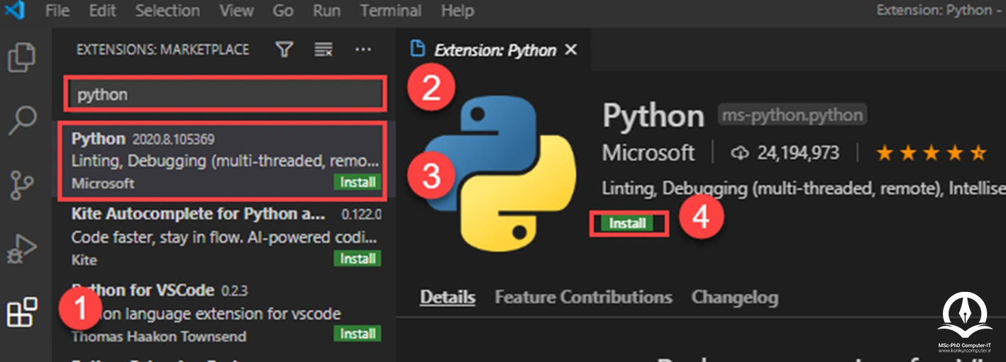 نصب افزونه پایتون در ویژوال استودیو کد