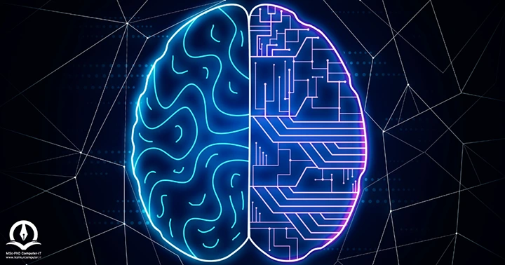 تصویر مغز است که نصف آن مغز انسان و نصف دیگر مغز ماشین است که به تقلید مغز ماشین از مغز انسان و یادگیری ماشین اشاره می کند