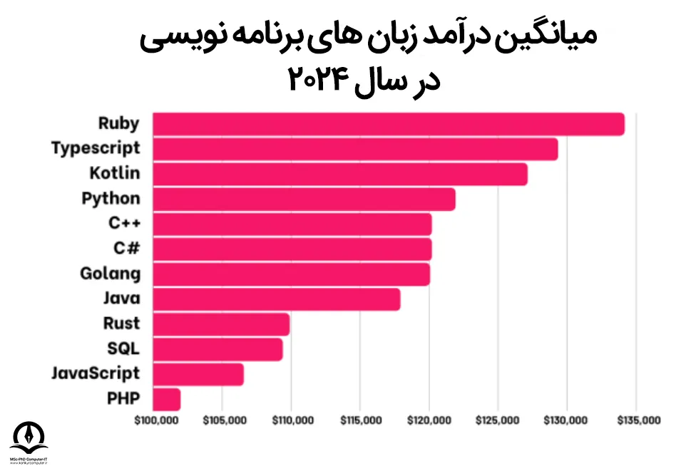 تصویری از درآمد زبان‌ های برنامه‌ نویسی مختلف در سال 2024