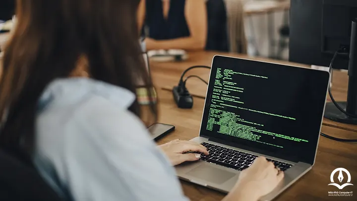 در این تصویر خانمی در مقابل لپ تاپی قرار دارد و از کدهایی که روی صفحه نمایش داده می‌شود، اینطور برداشت می‌شود که وی در حال برنامه نویسی است.