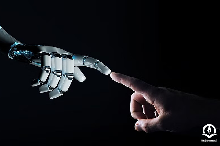  این تصویر ارتباط انسان و ماشین را نمایش داده است که مفهوم آن اثر مثبت کامپیوتر بر تمامی جنبه‌های زندگی انسان است