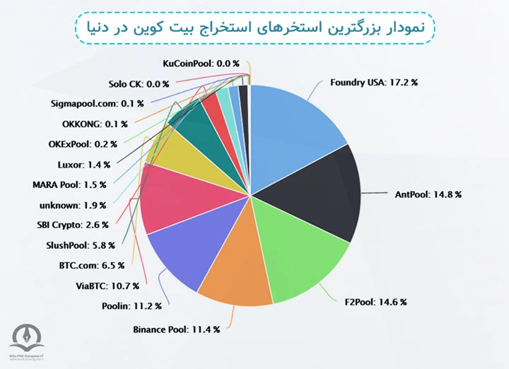 نمودار بزرگترین استخر‌های استخراج بیت کوین در دنیا در این تصویر نشان داده شده است.