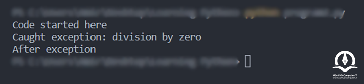 نتیجه اجرای کدی که دارای استثنای Division by Zero بود که پس از اجرای آن پیغام Caught Exception نمایش داده می‌شود.