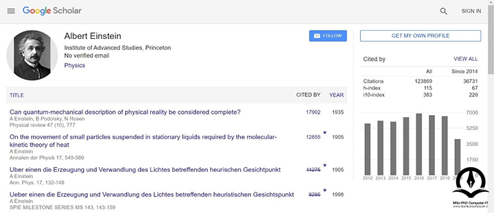 در این تصویر مقدار H-Index انیشتین در Google Scholar برابر 115 محاسبه شده است.