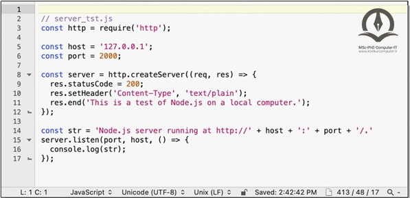 اسکریپت با بارگیری ماژول HTTP مربوط به Node.js شروع می‌شود. این ماژول شامل انواع کلاس ها و روش ها برای پیاده سازی سرور HTTP است.