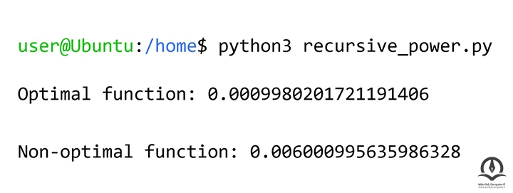 خروجی اجرای برنامه مقایسه سرعت اجرای دو تابع بازگشتی توان